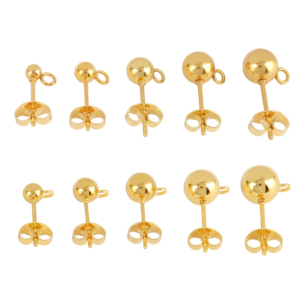 20pcs Stainless Steel Gold Color 3 4 5 6 7mm Ball Stud Earrings with Jump Rings DIY Earring Accessories Jewelry Making Findings