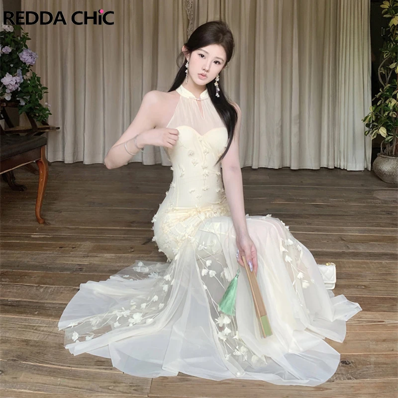 

REDDACHiC Pretty Elegant Flower Long Evening Dress Women Stand Collar Sleeveless Mermaid Bodycon Dress Summer Wedding Party Gown