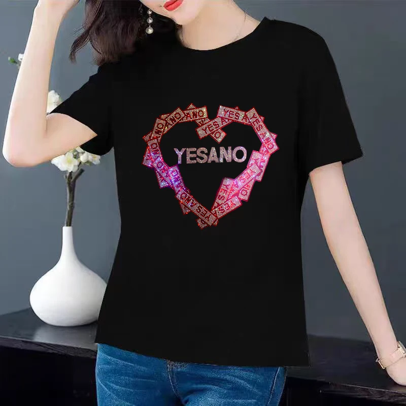 

Summer women's short-sleeved T-shirt spliced with the letters Love rhinestone