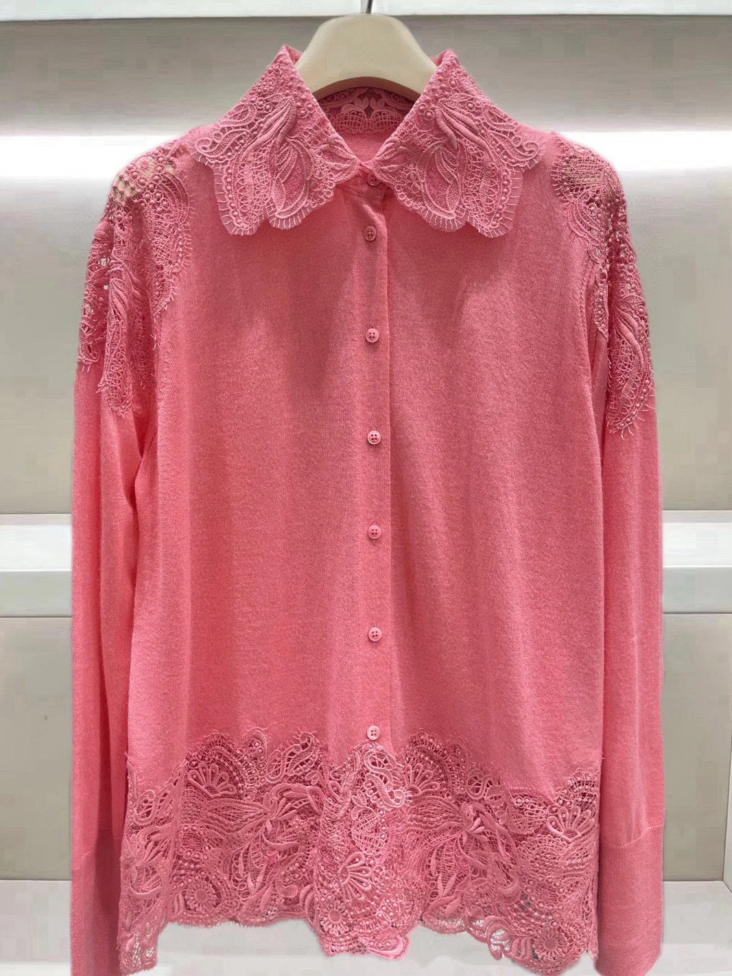 Luxury Lace Trim Cashmere Cardigan Women Pink Black Button Up Knit Shirt Collar Sweater