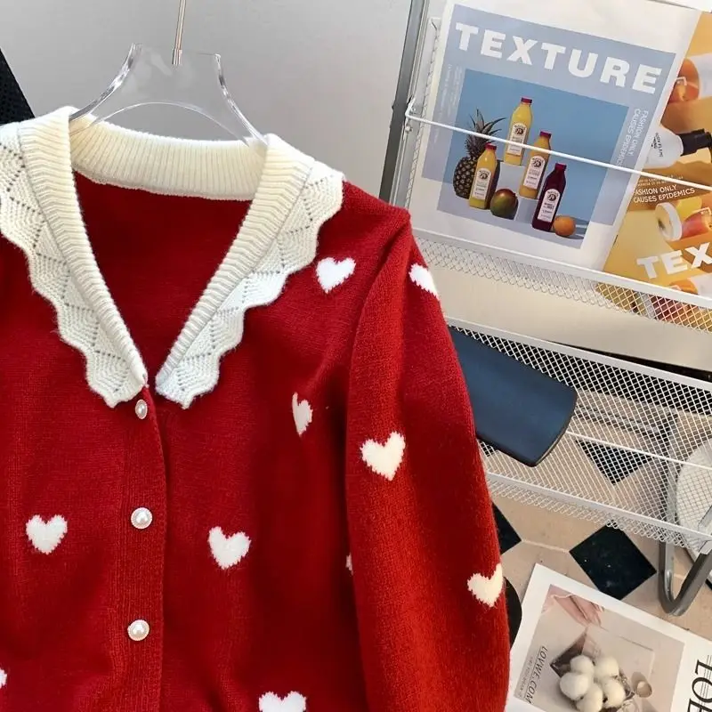 Peter Pan Collar Knitting Cardigan Coat Women Autumn Winter Fashion Love Jacquard Sweater Sweet Preppy Style Trend Knitwear Tops