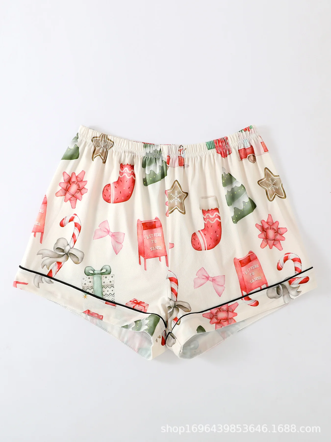 White Christmas Tree Sock Printed Pajamas Set Women Lapel Long Sleeve Top Shorts Trousers Three Piece Sleepwear Suits 6