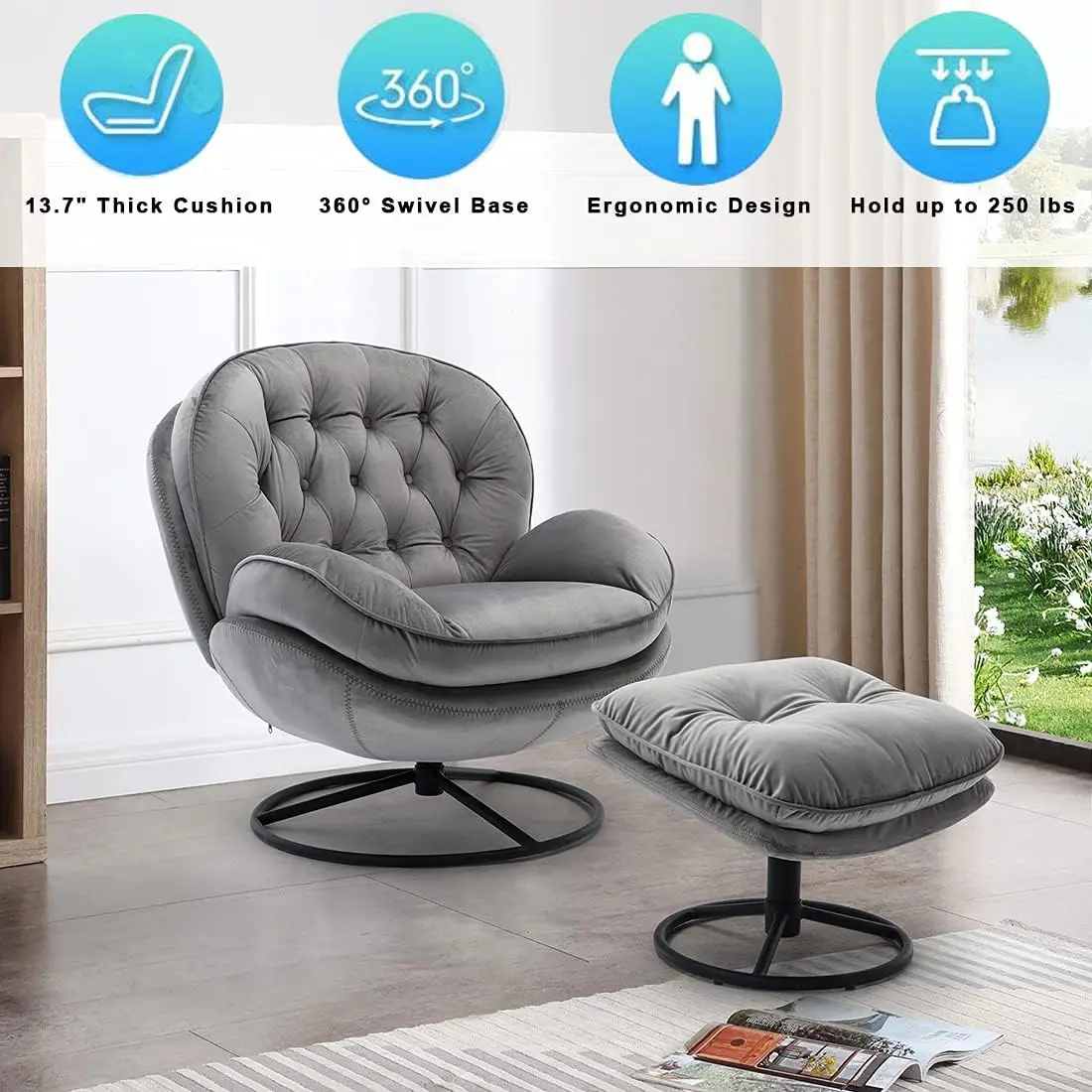 Velvet Swivel Accent Chair with Ottoman Set Modern Lounge Chair with Footrest Comfy Armchair Home Office Grey