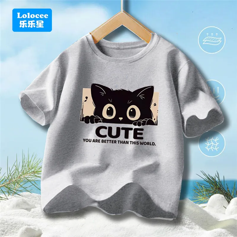 Cute Black Cat Print Crew Neck Kids T-Shirt , Short Sleeve Casual Tee Tops for Boys, Cat Lover Children Summer Clothing MKA1