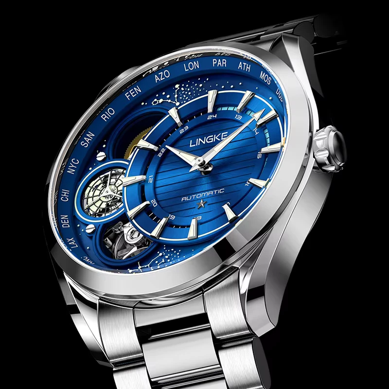 LINGKE orologio meccanico da uomo originale in acciaio inossidabile argento blu lusso luminoso automatico Tourbillon orologi orologio impermeabile
