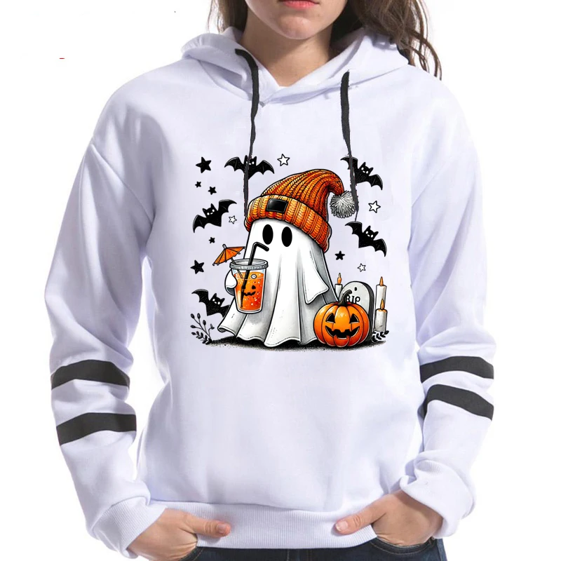 Halloween Ghost Pumpkin Bat Print Hoodies For Women Fashion Casual Long Sleeves Sweatshirts Ladies Halloween Pullovers Tops