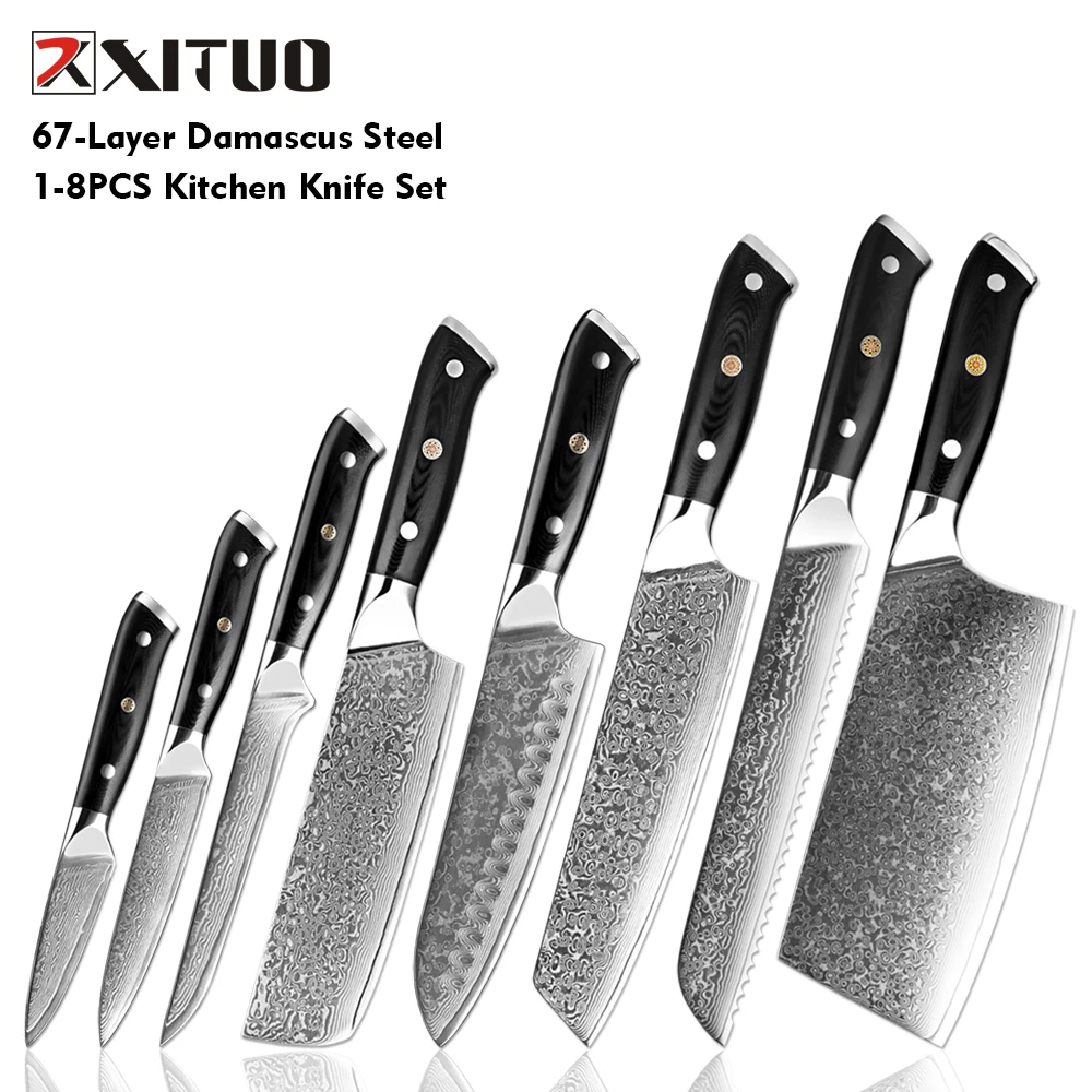 

Japanese Kitchen Knives Set 1-8PCS,Damascus Steel Sharp Chef knife Santoku,Cleaver,Paring,Bread ,Boning Knives Black G10 Handle