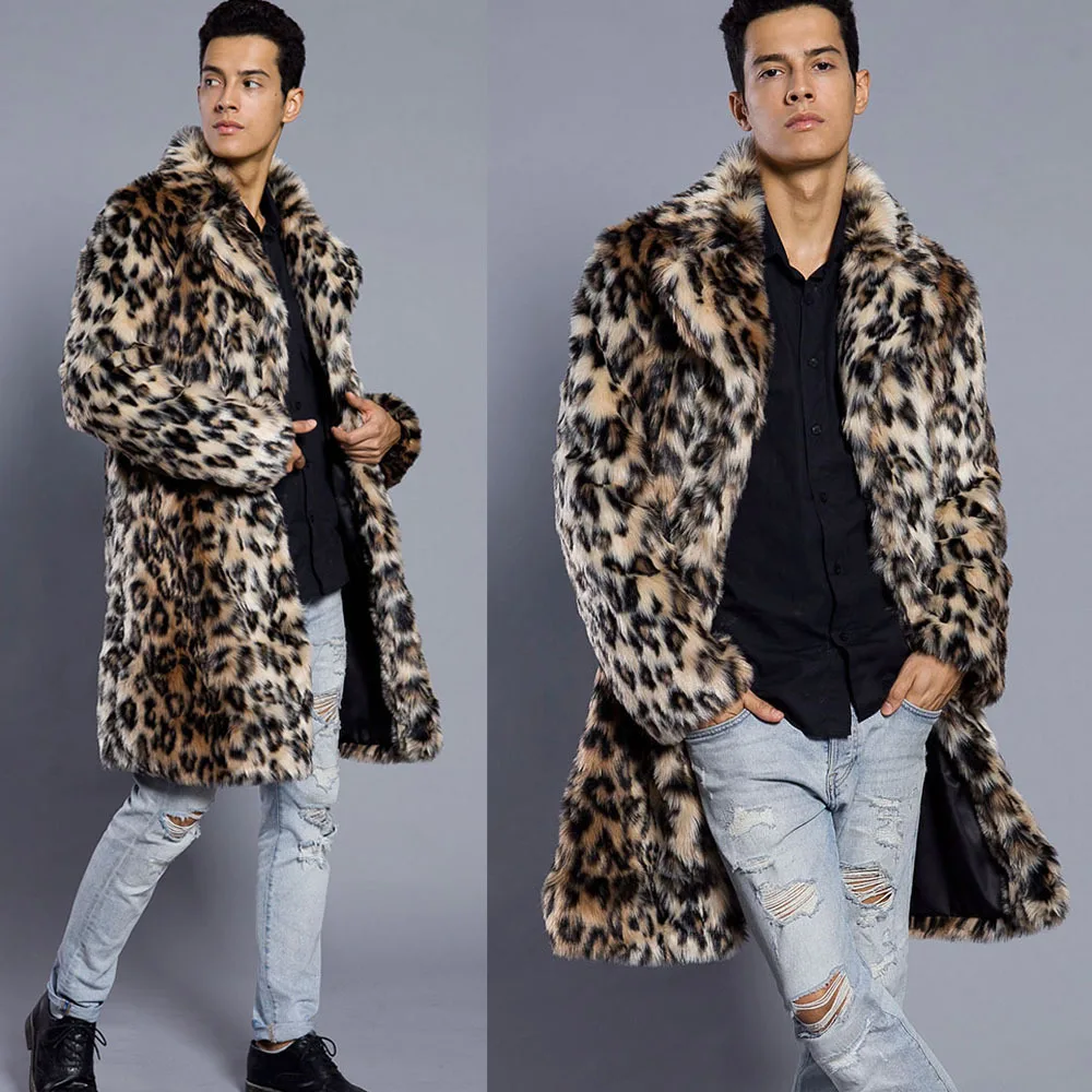 

Men's Faux Fur Large Lapel Fur Long Men's Faux Fur Jacket Men's Overcoat Mens Clothing Leopard Thick Coat 2025 Autumn Winter