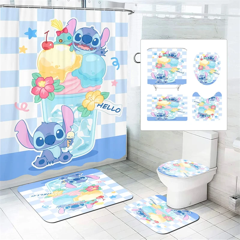 Stitch Shower Curtain Waterproof and Splash-proof 4-piece Set Cute Cartoon Floor Protection Perfect Gift for Children