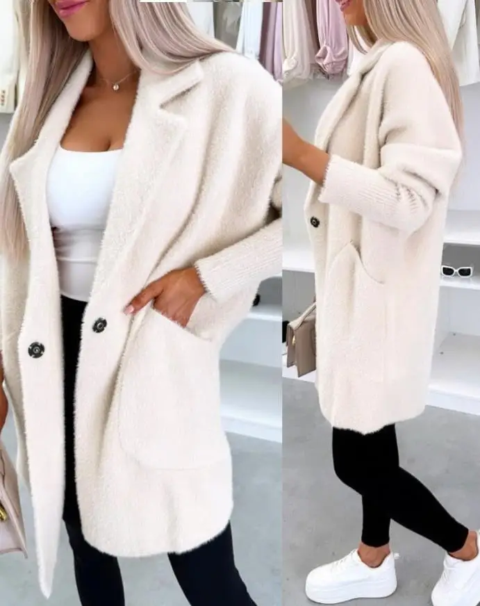 Women's Jacket 2025 Spring Autumn New Solid Color Turn-Down Collar Long Sleeve Casual Pocket Design Button Long Jacket Coat
