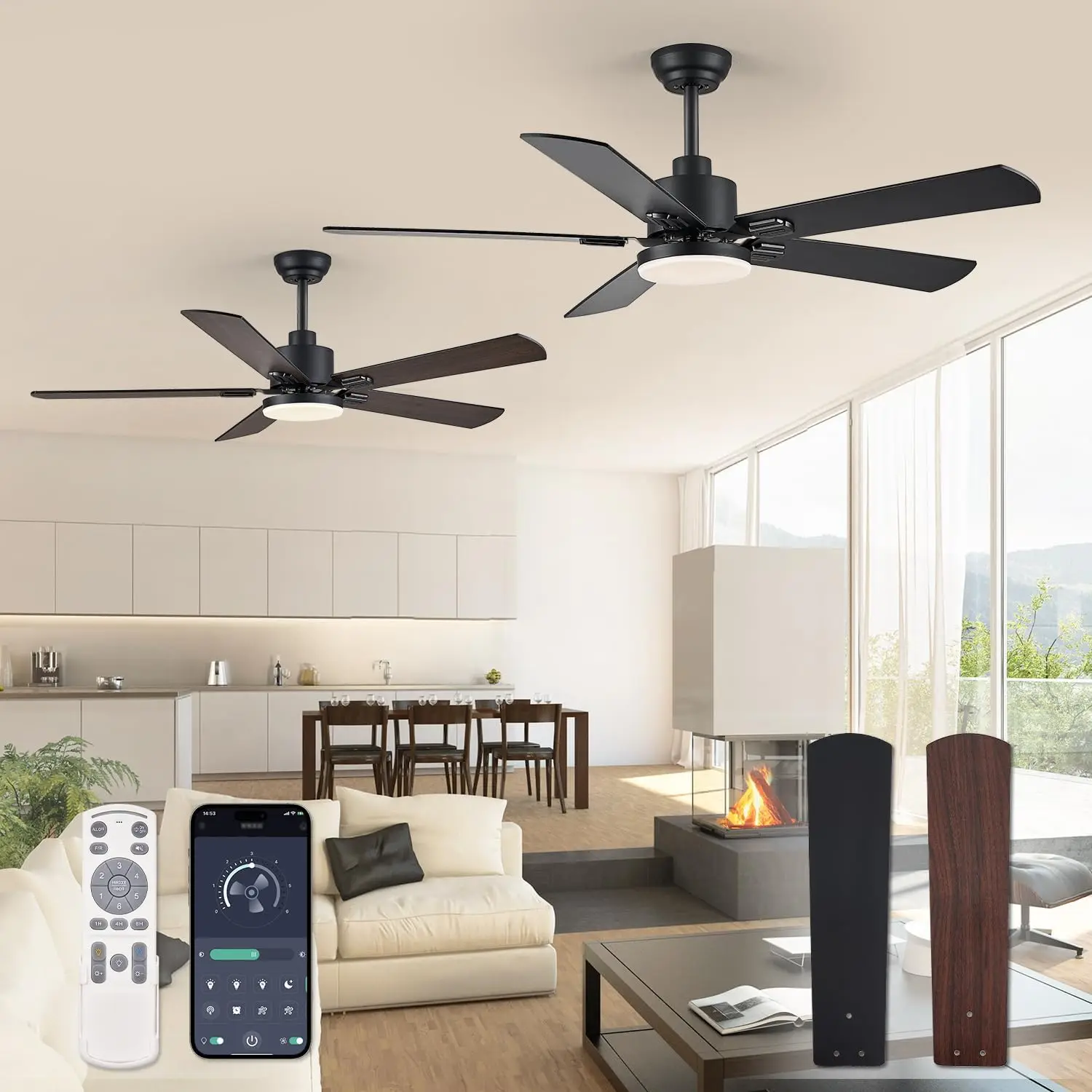 

2 Pack 52" Ceiling Fans with Lights, Black Modern Ceiling Fan with Remote, Farmhouse Indoor Ceiling Fan with Dual Finish Blades