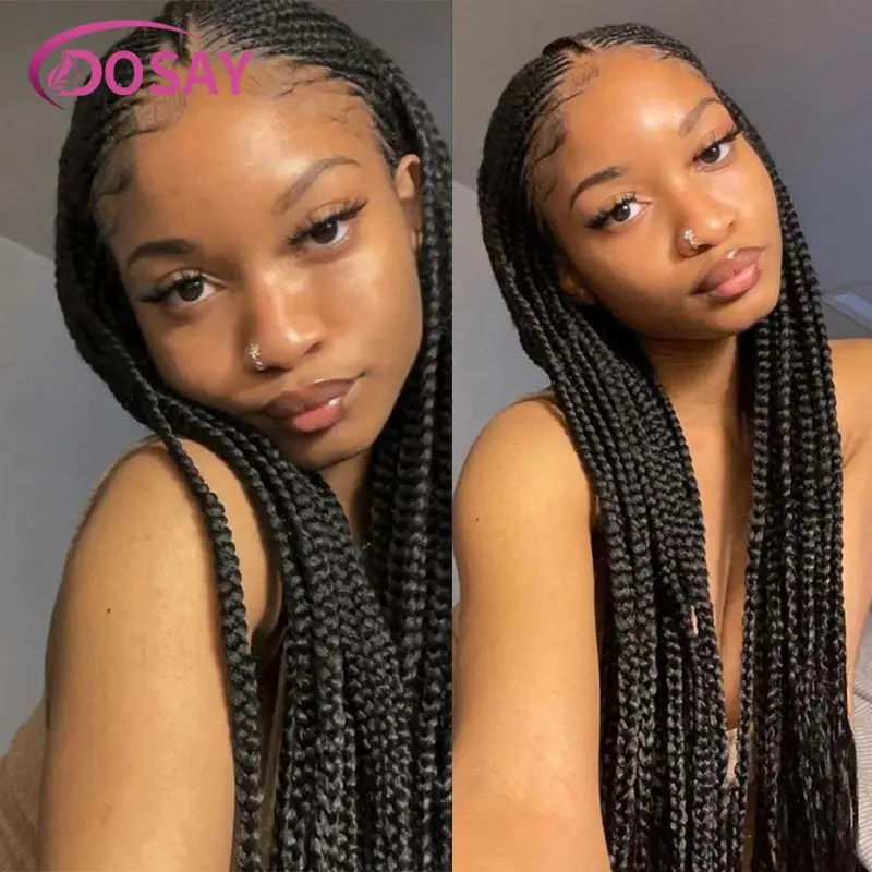 Synthetische 36 Zoll 13*8 transparente Spitze Frontal Perücken handgemachte Cornrow Flechten Perücken für schwarze Frauen knoten lose Box Zöpfe Perücke