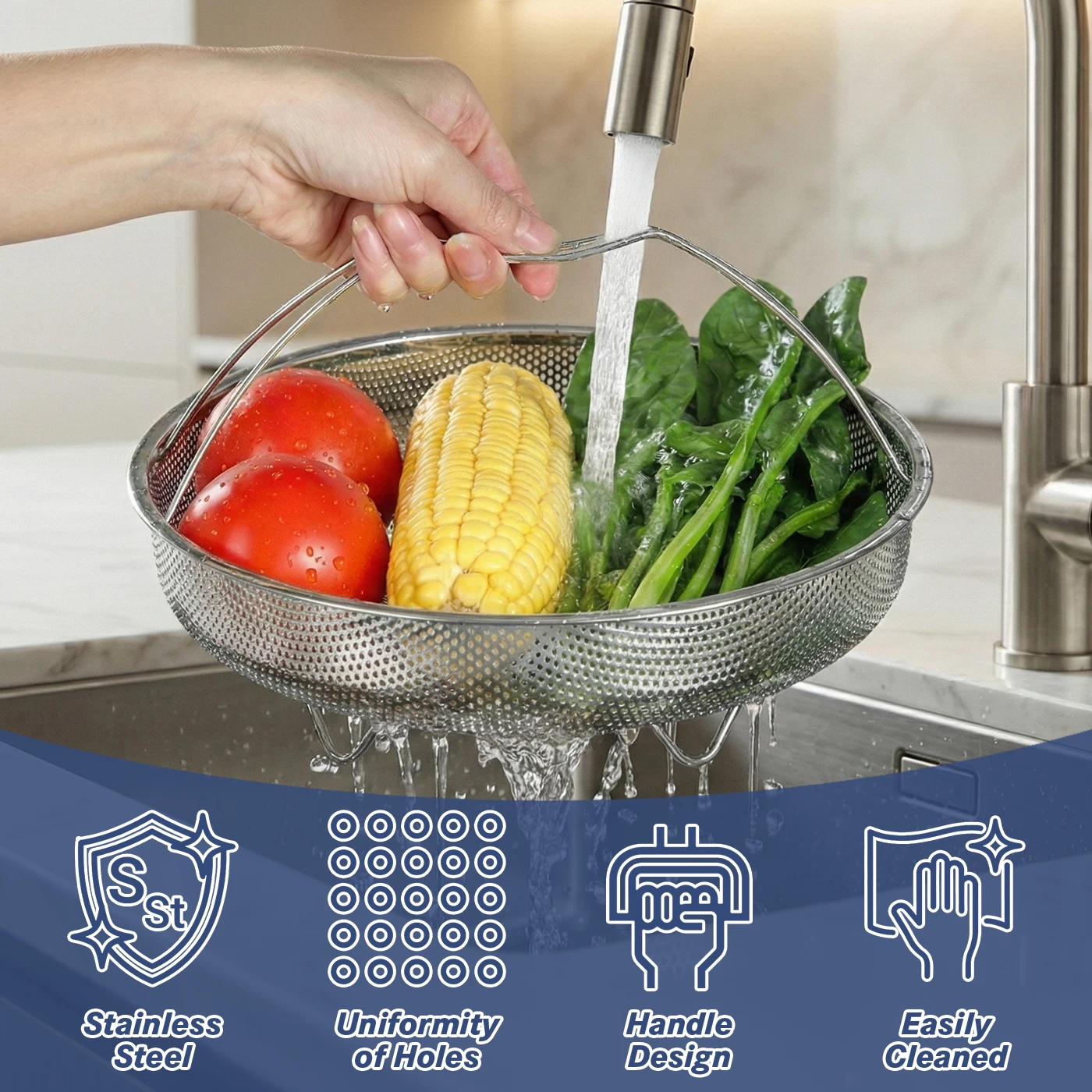 

tastyWay Multifunctional Stainless Steel Food Steamer with Handle Rice Pasta Fruit Cleaning Basket for Steamed Vegetables Steam