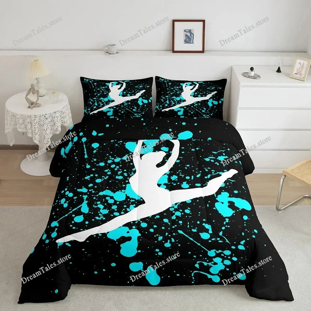 Gymnastics Dance Lovers Duvet Cover King,Watercolor Butterfly Star Sky Bedding Set ,Silhouette Rainbow Graffiti Quilt Cover741