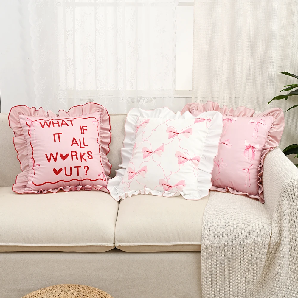 

BUYNOW 1PC 4PCS/set Pink White Floral Ruffle Pillowcase Valentine's Day Bow and Letter Print Cushion Cover Home Bedroom Decor