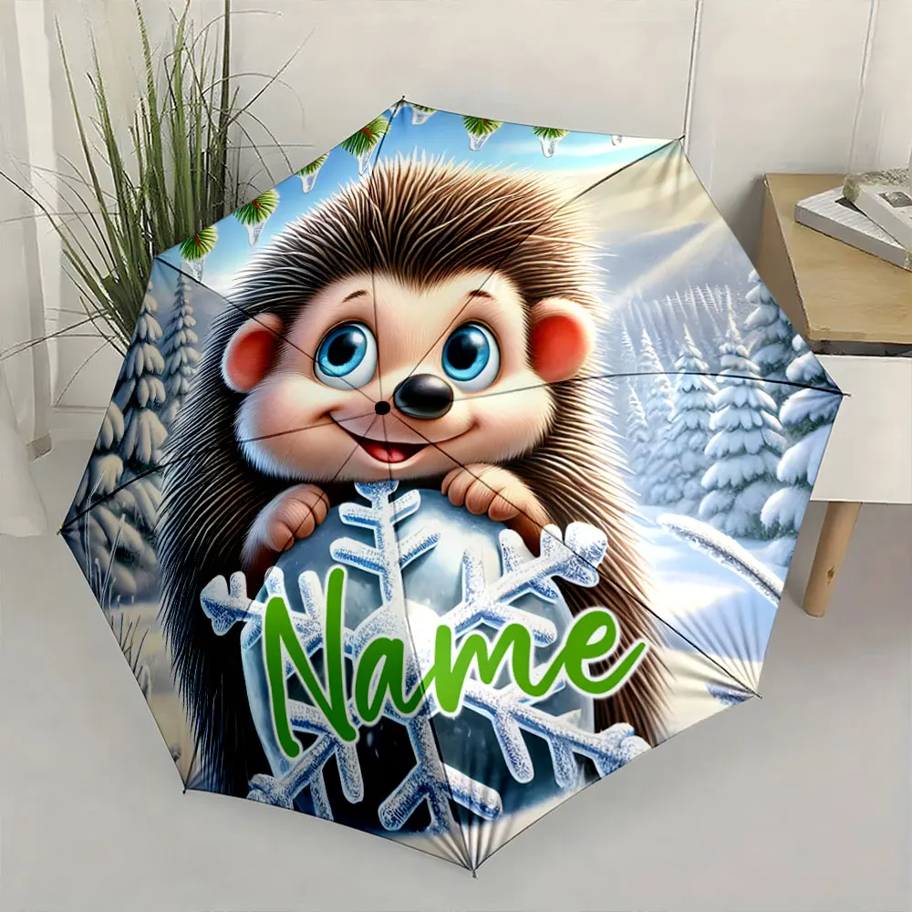 Custom Name Adorable Hedgehog Holding Snowflake on Winter Umbrella Print 8Iron Ribs Folding Umbrella Auto-Open Fashion Sunshade