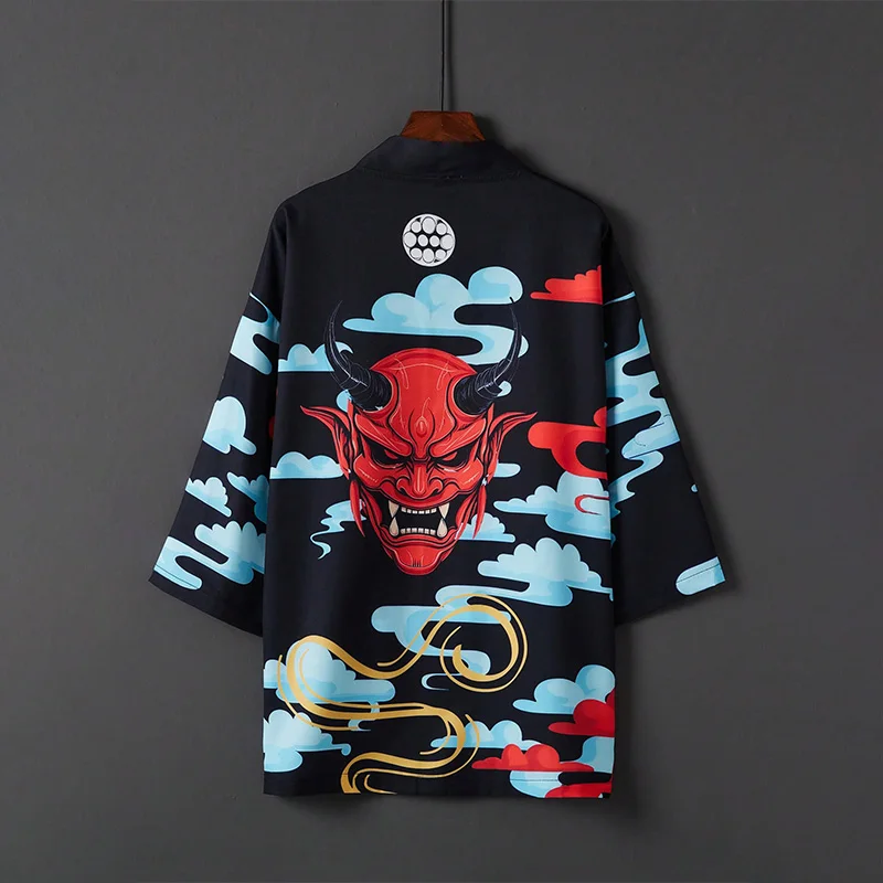 

Модное индивидуальное уличное креативное кимоно с принтом дьявола в японском стиле, кардиган хаори, цельный купальник для летнего пляжного отдыха, верхняя одежда, накидка