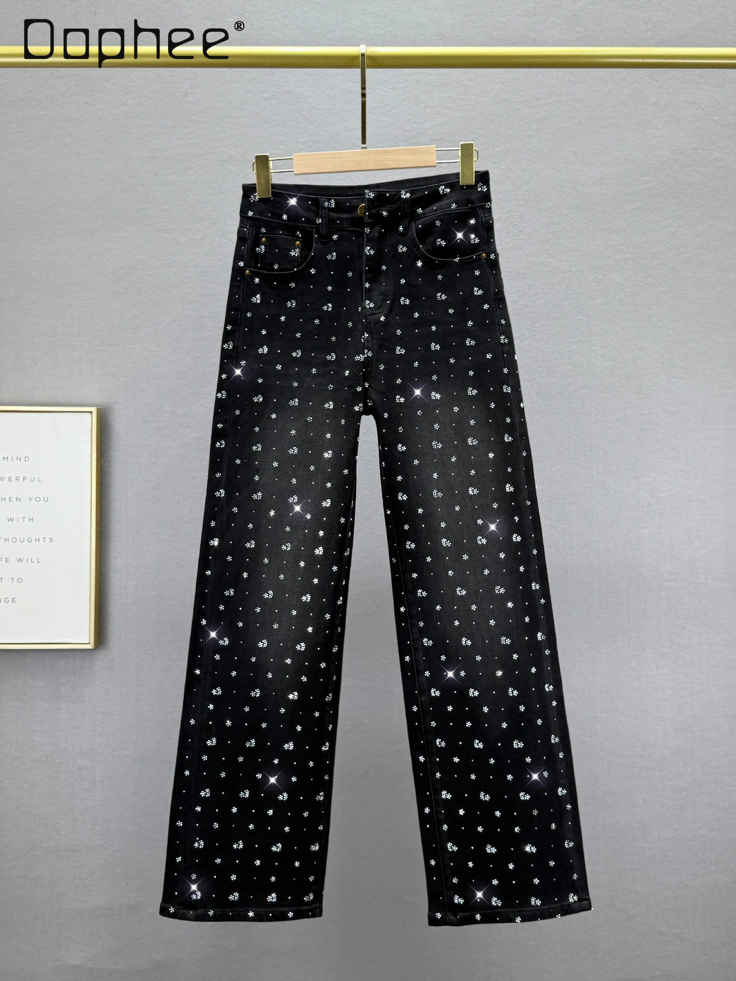 حجر الراين الجينز للنساء أسود مستقيم الساق السراويل 2025 الخريف جديد عالية الخصر فضفاض تمديد السراويل عالية الخصر الجينز