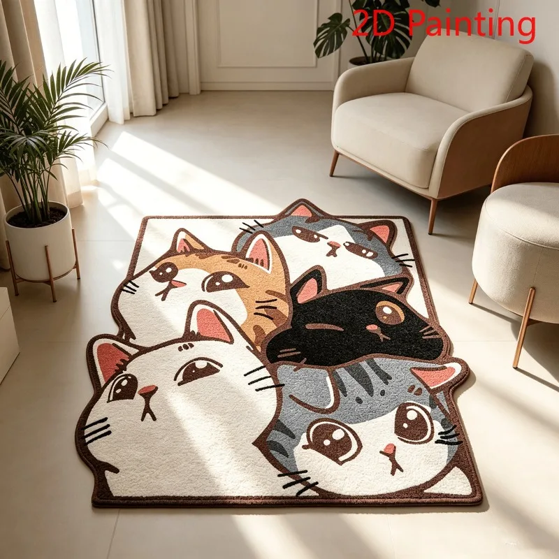 VIKAMA Cute Cartoon Cats Shaped Area Rug Kawaii Kitten Animal Print Non‑Slip Washable Soft Carpet Kids Bedroom Living Room Decor