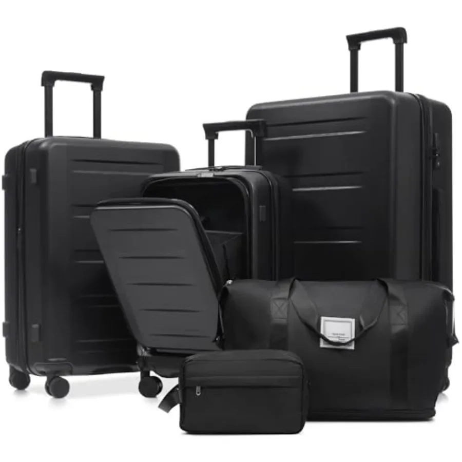5-Piece Expandable Hardside Luggage Set with Spinner Wheels, USB Charging Port, and TSA Lock for Travel Black, Lightweight Poly