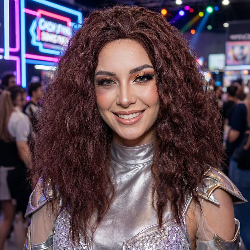 Dark Reddish Brown Kinky Curly Wig Women Fluffy Synthetic Hair Cosplay Party Daily Natural Look Soft Fiber Heat Resistant Cap
