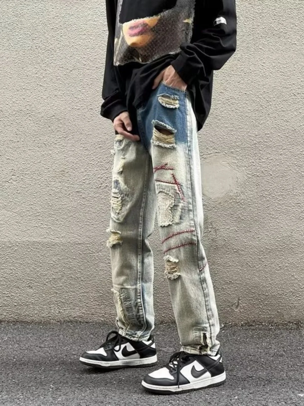 

Мужские джинсы American Sle Streetwear, зауженные, прямые, износостойкие, модные, с эффектом потертости, для весны и осени