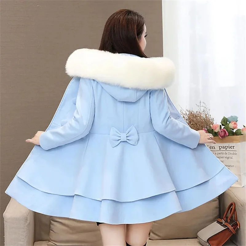 2023 New Winter Women\'s Woolen Blend Coat A-Line Double-Breasted Jackets Female Fur Collar Office Lady Wool Outwear