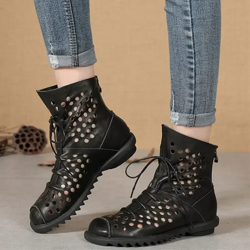 

Genuine Soft Leather Shoes Women Women's Boots Sandals Hollow Out Woman 3cm Low Heel Zip Flat Sandal Ladies Summer Lace_up Shoe