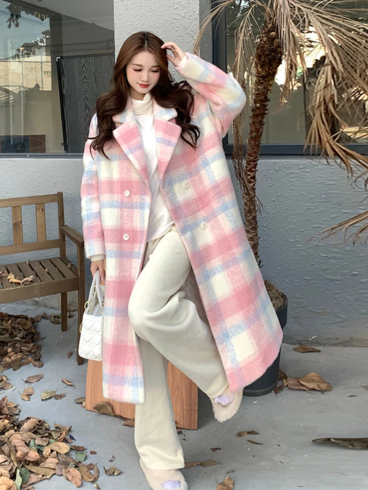 Plaid Rainbow Wool Coat Women Korean Fashion Loose Casual Long Trench Coat Female Elegant Warm Outwear Overcoat Winter 2022 New