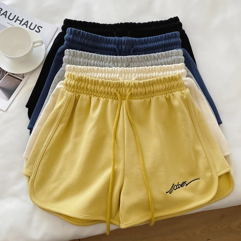 

New Women Summer Short Pants Embroidery Letters Drawstrings Elastic Waistband High Waist Shorts Ladies Short Tight Trousers