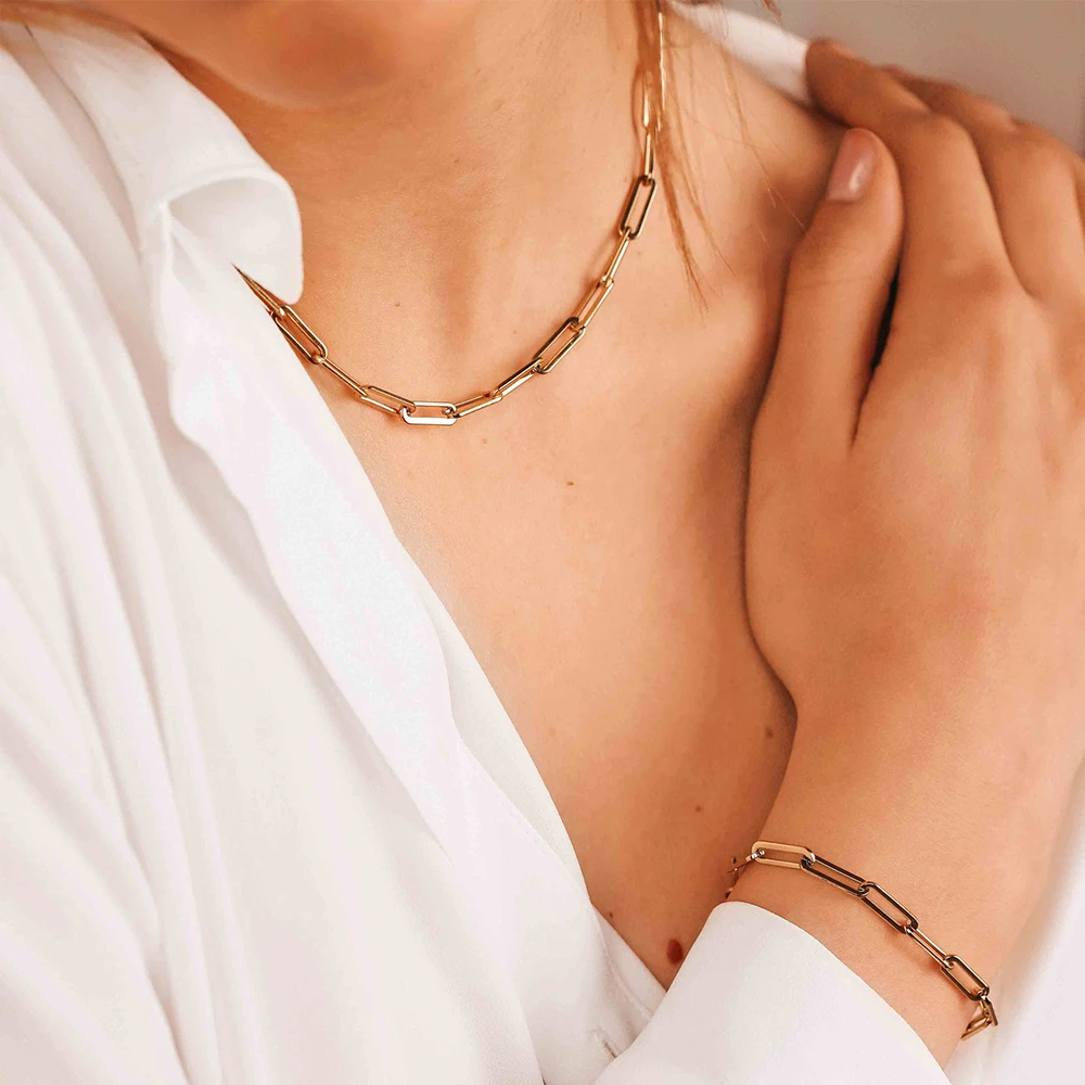 10PCS 2024 Hot Fashion Paperclip Link Chain Women Necklace Stainless Steel Gold Color Chain Necklace for Women Men Jewelry Gift