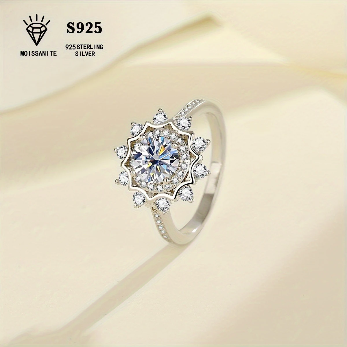 

Sterling Silver S925 1CT Moissanite Sunflower Women's Ring Luxurious High-end Fashion Simple Bohemian Elegant Holiday Gift