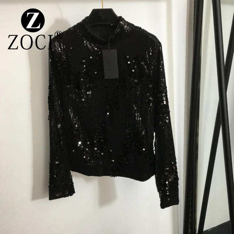 [ZOCI] 2024 Summer Autumn New Style Full Body Sequin Embroidered Half High Neck Long Sleeve Bottom Shirt