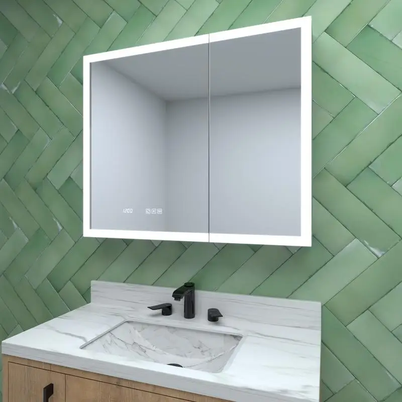 

36" W x 30" H Rectangular Silver Aluminum Recessed/Surface Mount Medicine Cabinet with Mirror, LED Lighting & Clock