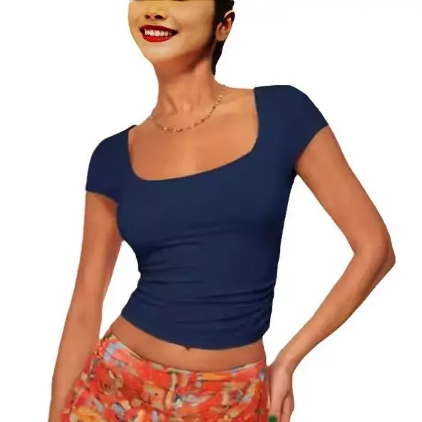 

Slim Fit однотонная летняя повседневная футболка ort Sve для женщин с квадратным воротником, Новое поступление 2024, для вязания своими руками