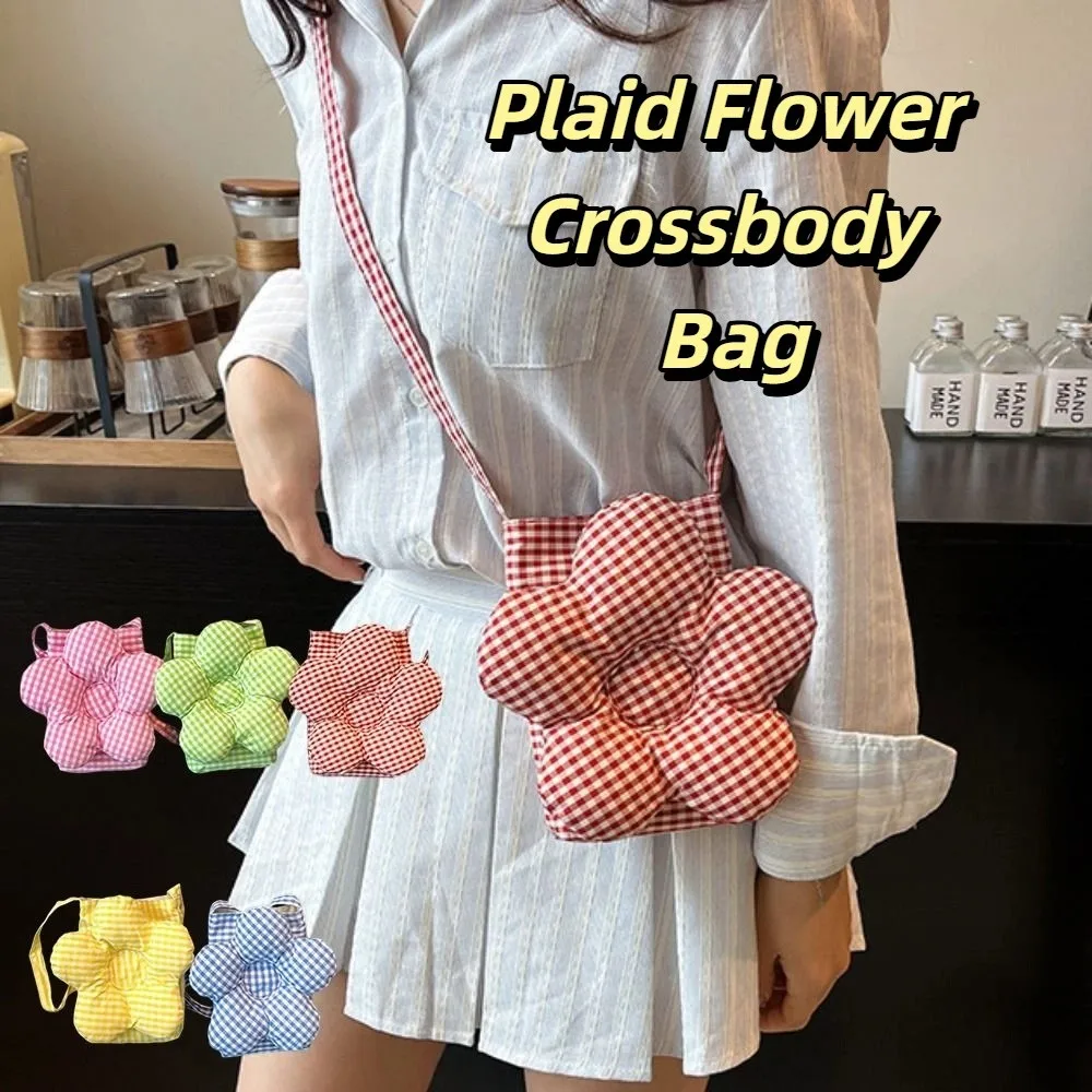 

Sweet Plaid Flower Crossbody Bag Cute Cloth Large Capacity Shoulder Bag Portable Storage Bag Ins Messenger Bag Outdoor