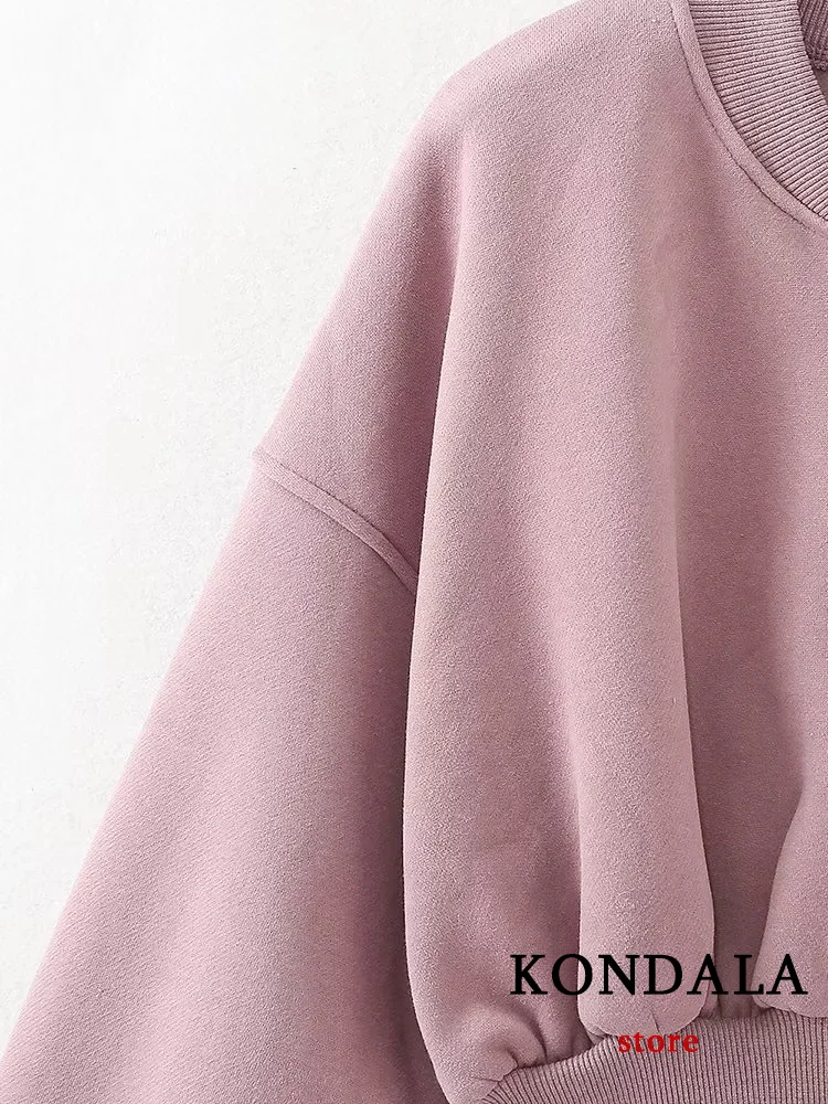 KONDALA Vintage Casual Pink Solid Women Suit Zippers Long Sleeve Short Jackets Loose Long Pants Chic Fashion 2023 Autumn Sets