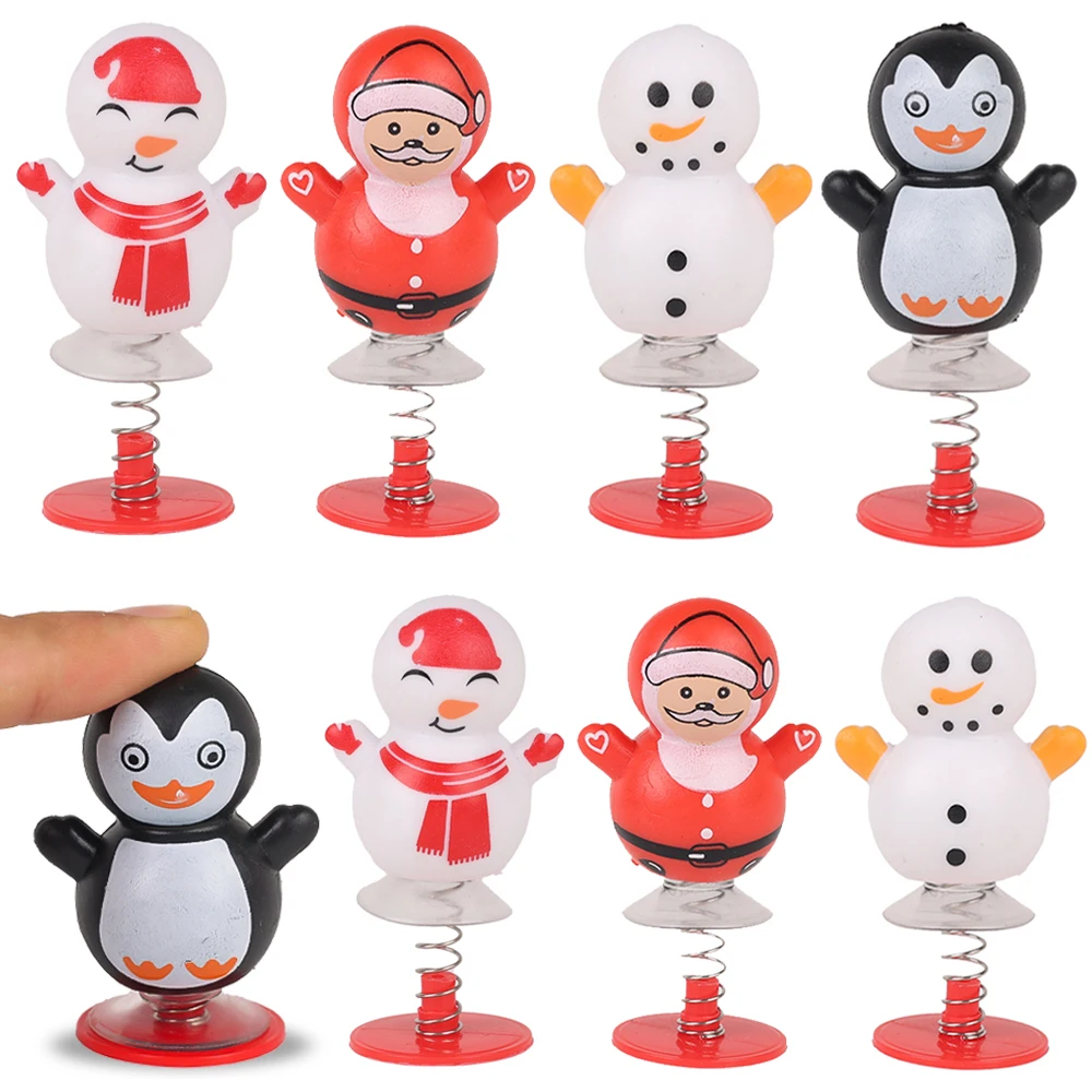 8Pcs Christmas Cartoon Doll Spring Jumping Toy Funny Sucker Bouncing Doll Christmas Party Snowman Penguin Spring Launcher Toys