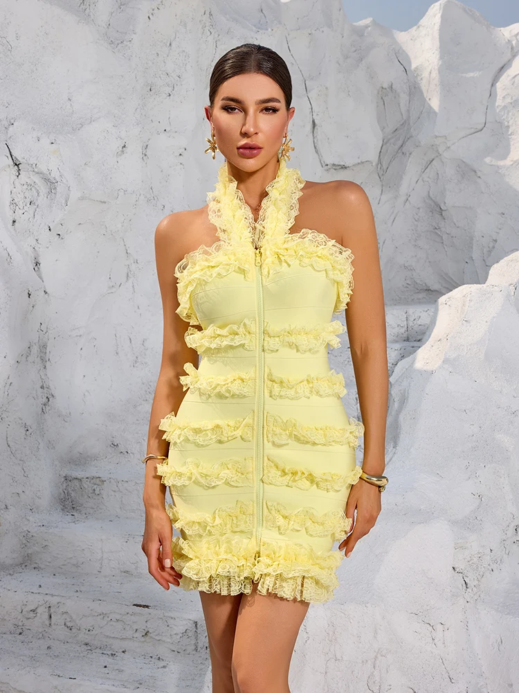 

Sexy Halter Neck Lace Patchwork Bandage Dress Women Yellow Sleeveless Backless Lace Ruffles Mini Bodycon Dresses Evening Party