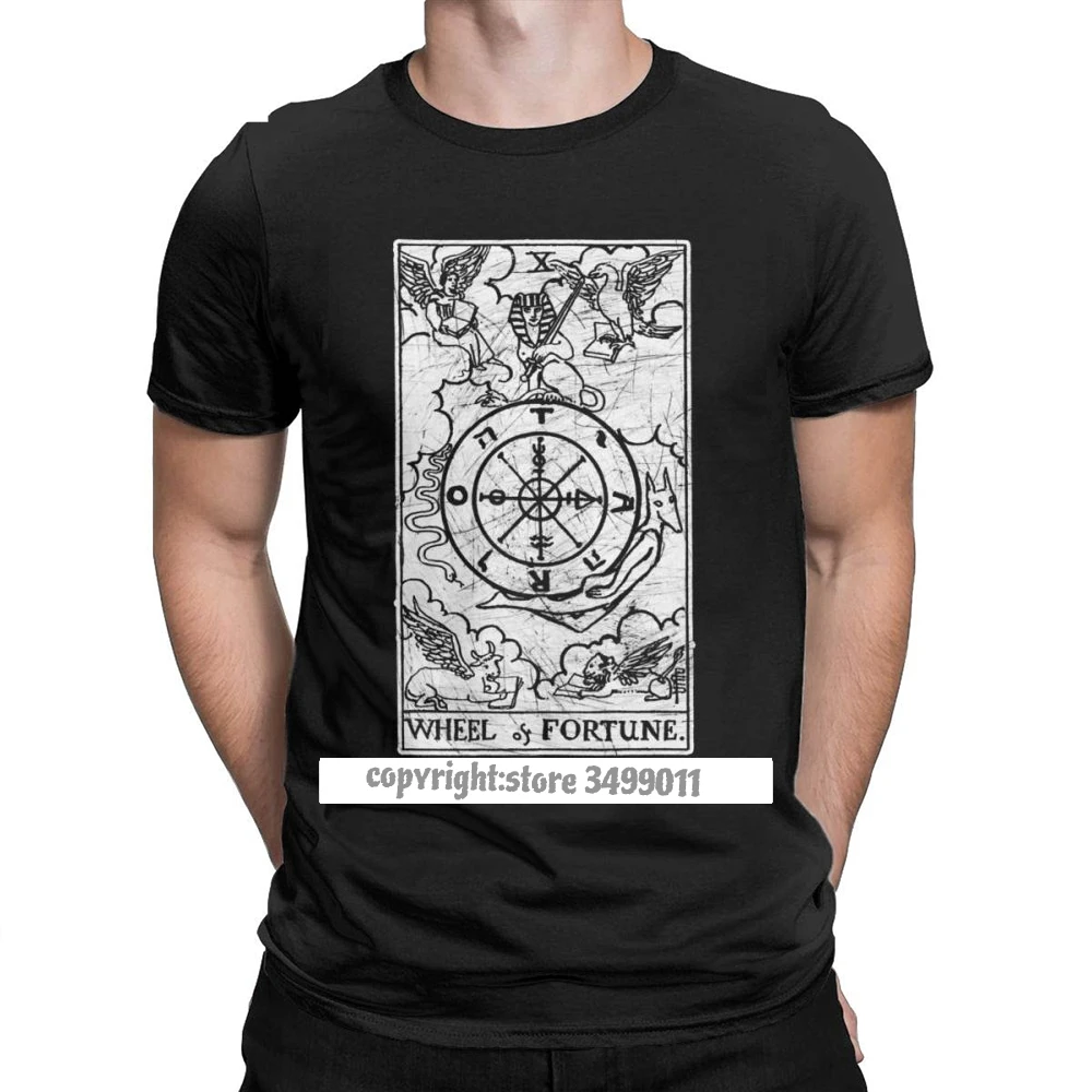 

Wheel Of tune Tarot Card Major Arcana tune Telling Occult Tops T Shirt Men Leisure Premium Cotton Tshirts Camisas T Shirt Gift