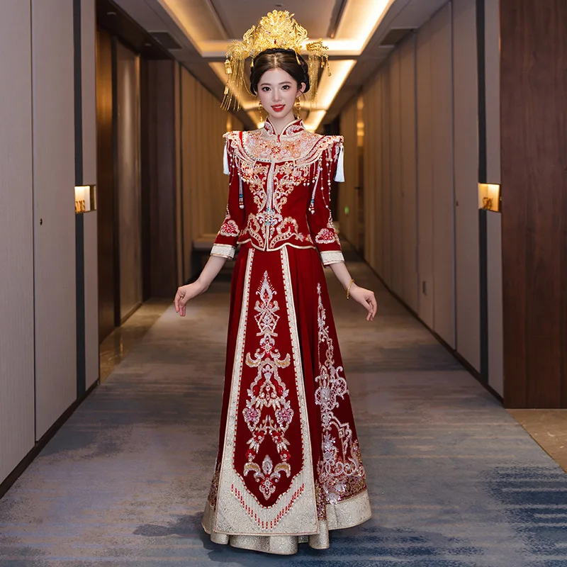 Original Luxury Xiuhe Dress Wedding Dress 2025 New Wedding Dragon Phoenix Coat Chinese Toasting Dress Qipao