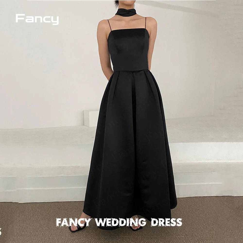 Fancy Simple Black Spaghetti Straps Wedding Dress A Line Thick Satin Korea Bridal Gown Sleeveless Corset Back customized