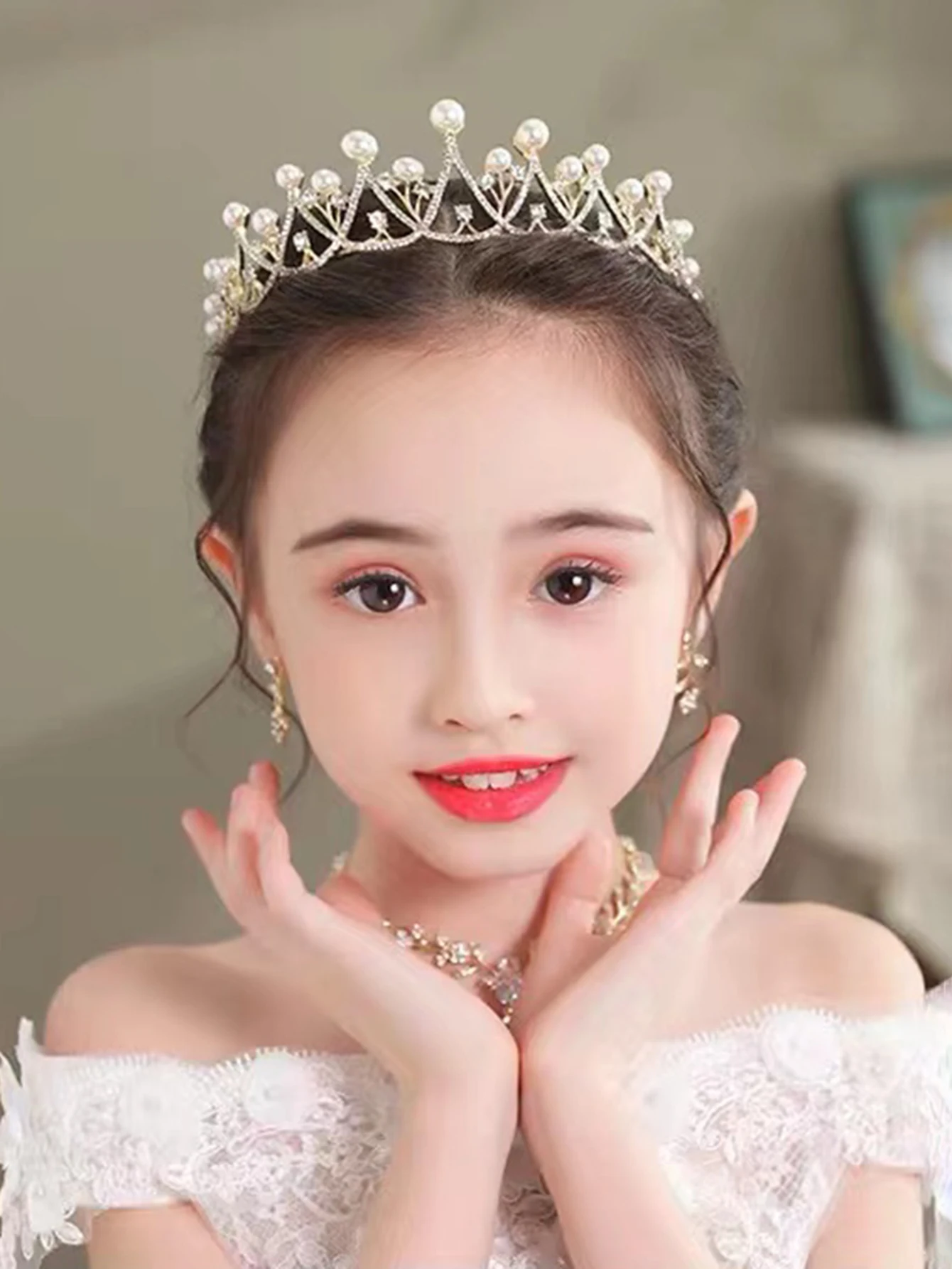 High end light gold pearl rhinestone bride crown headwear wedding accessories champagne wedding dress children's crown hair acce