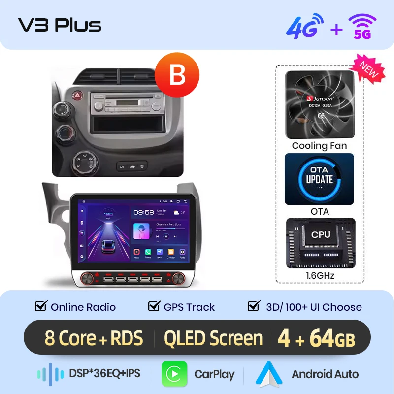 Junsun 13.1″ QLED draadloze CarPlay Android Auto autoradio voor Honda Fit Jazz 2007-2013 Intelligente systemen DSP SWC RDS GPS FM BT