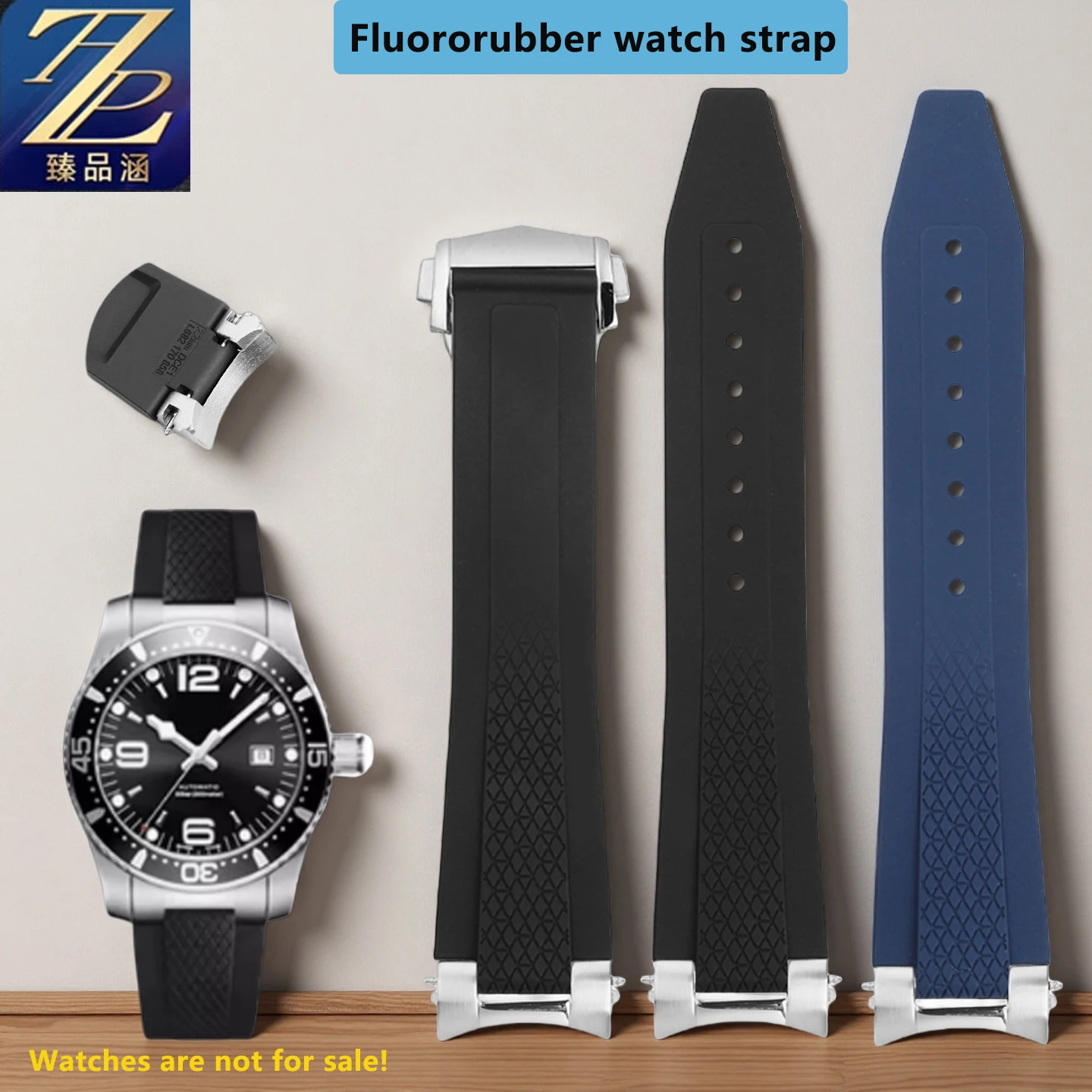 

For Longines Kangkas watches L3.781.4/L3.642.4/L3.742 modified FKM watch strap 41mm with metal arc adapter rubber wristband 21mm