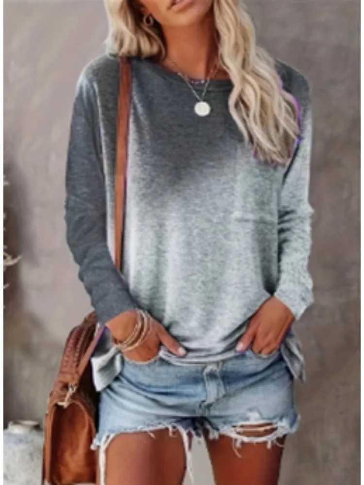 2024 New Plus Size Fashion Gray Colored Long sleeved T-shirt for Women\'s Casual Loose Comfortable Top