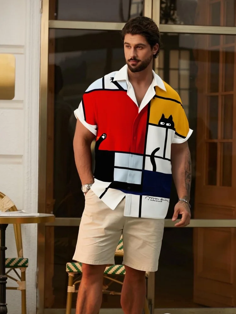 

Vintage Colorblock Mondrian Art Cat Blend Cozy Shirt Casual Retro Short Sleeve Buttons Down Tops Bohemian Style Tunics Oversized