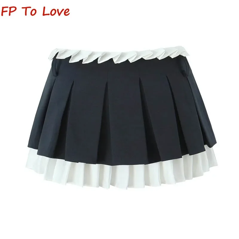 Vintage College Style Khaki Pleated Skirt Splicing Backless Navy Blue Sexy Hottie High Waist A-Line Skirt