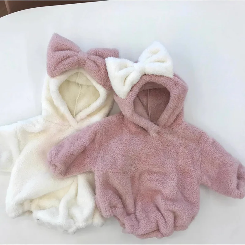 Plus Velvet Thick Newborn Clothes Infant Boy Girl Warm Plush Jumpsuit 0-24M 2025 Winter New Baby Fleece Bow Hooded Bodysuit
