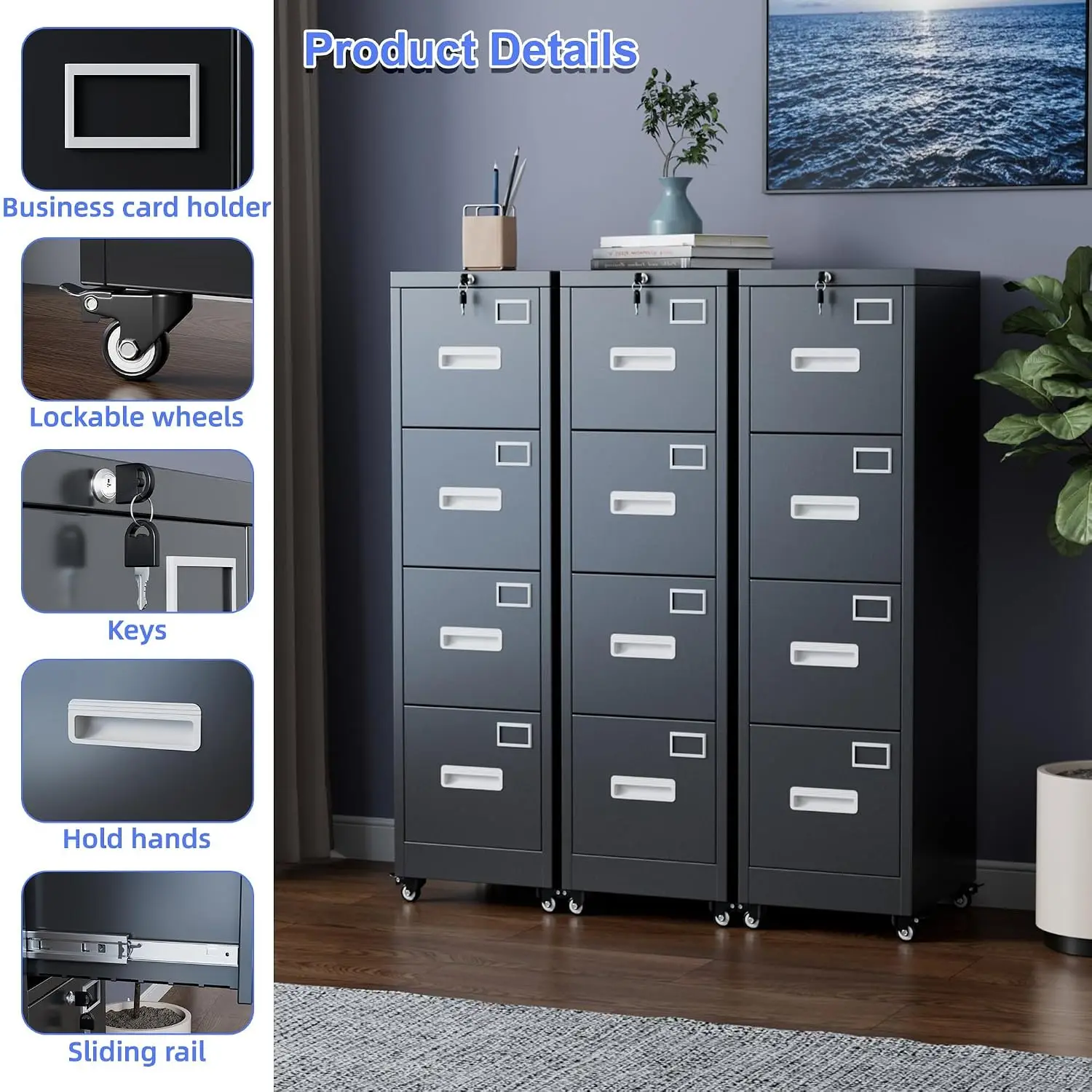 Metal 4 Drawer File Cabinet with Lock, Mobile Heavy Duty Filing Cabinet with Full Extension Rails , Customized